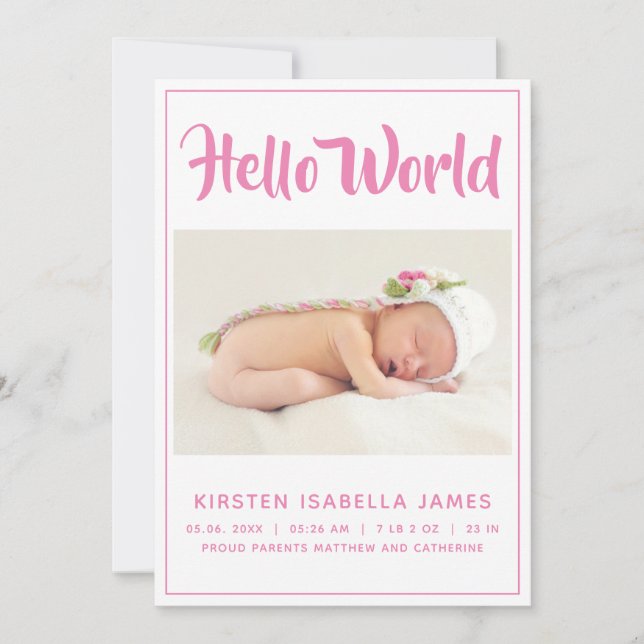 Hello World Foto Baby Announction Pink Einladung (Vorderseite)