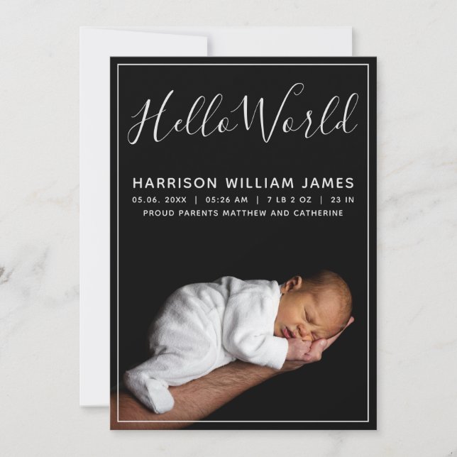 Hello World Foto Baby Birth Ankündigung (Vorderseite)