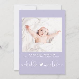 Hello World Foto Heart Arrow Lila Girl Birth Ankündigung
