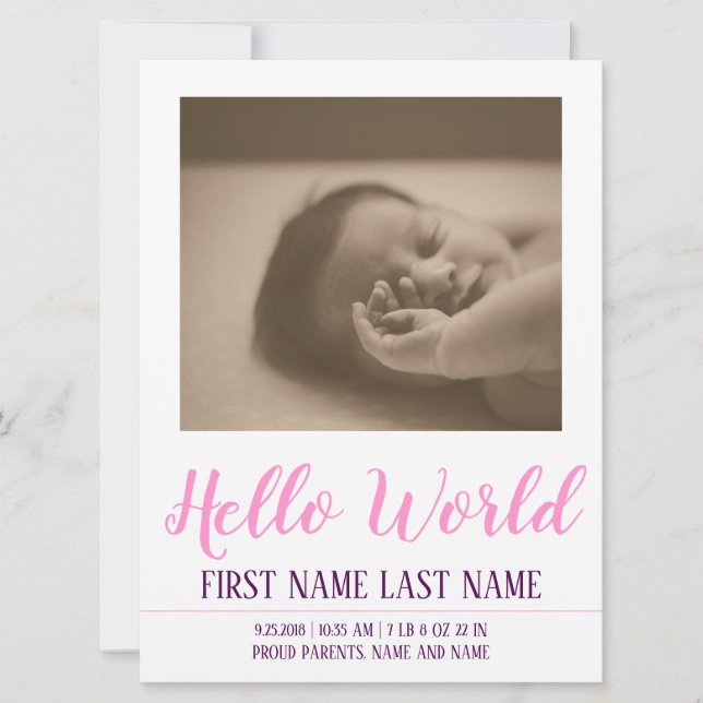 Hello World - Geburtsankündigung mit Foto (Vorderseite)