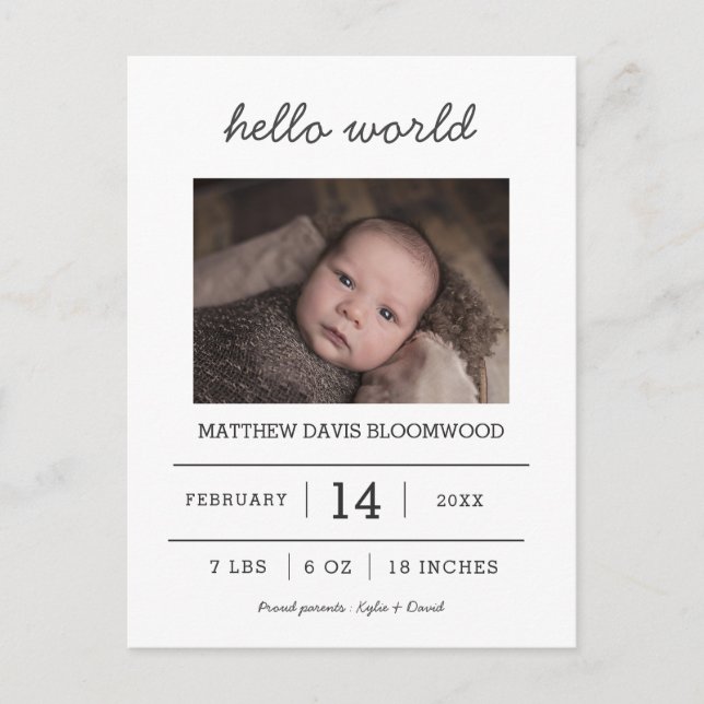 Hello World | Geburtsankündigung Neugeborenes Foto Ankündigungspostkarte (Vorderseite)