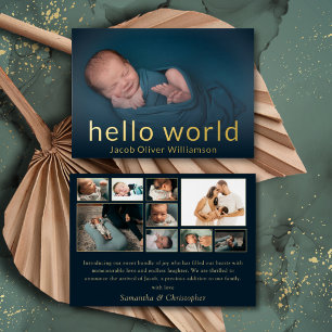Hello World Gold Foto Collage Kinderankündigung Folieneinladung