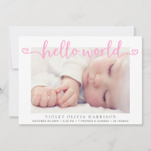 Hello World Hearts Fotos Pink Baby Girl Birth Ankündigung