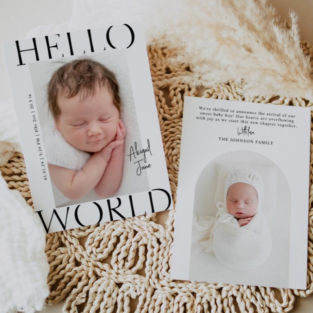 Hello World | Modernes Minimalistisch Baby Foto Bi Ankündigung (Von Creator hochgeladen)