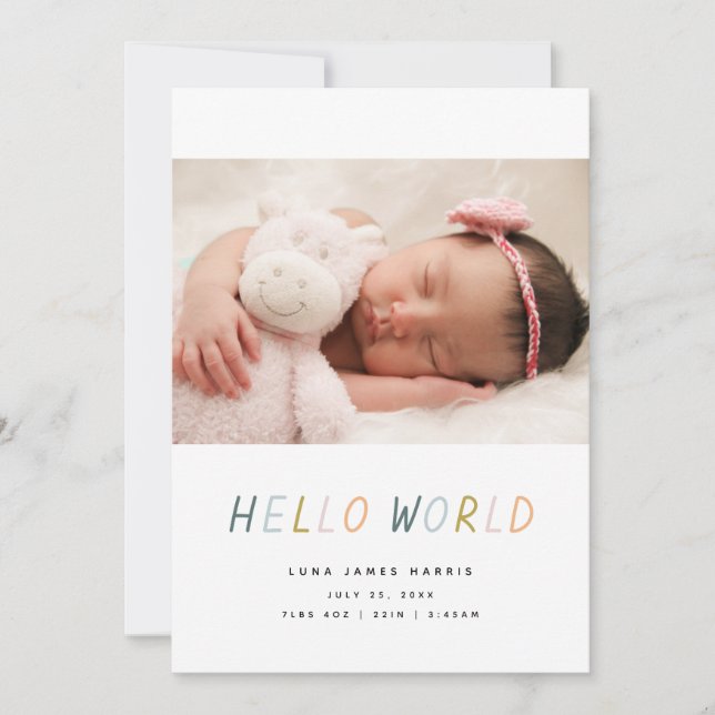 Hello World New Baby Birth Announcement Card Ankündigung (Vorderseite)