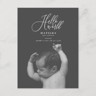 Hello World-Schrifttext Foto Geburtsankündigung Ankündigungspostkarte
