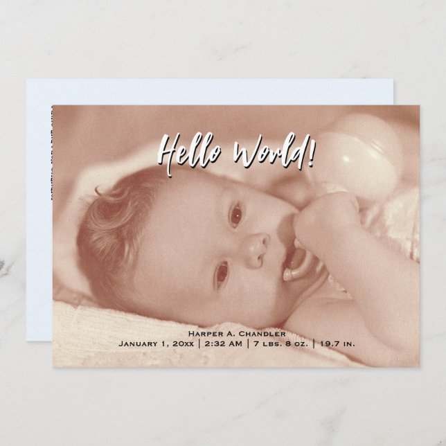 Hello World Your Text and Baby Foto Blue Template Ankündigung (Vorne/Hinten)
