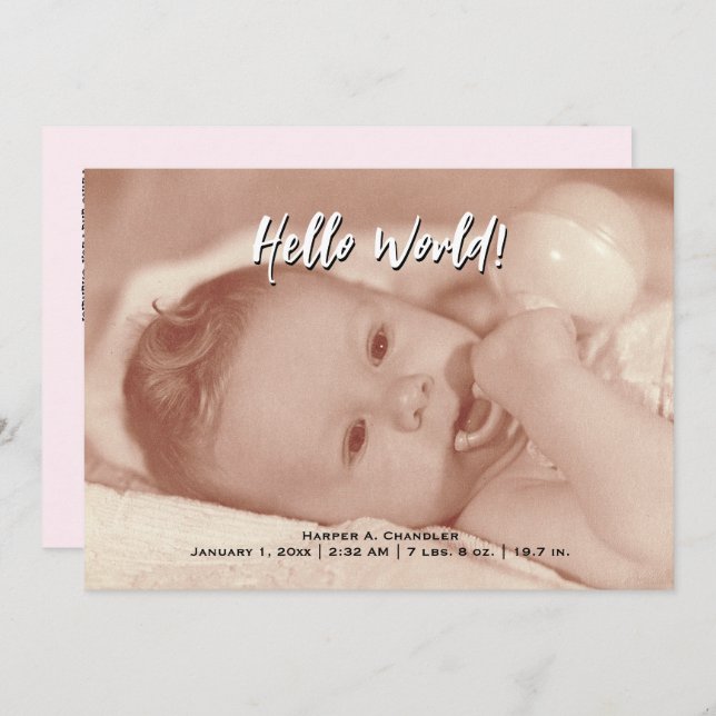 Hello World Your Text and Baby Foto Pink Template Ankündigung (Vorne/Hinten)
