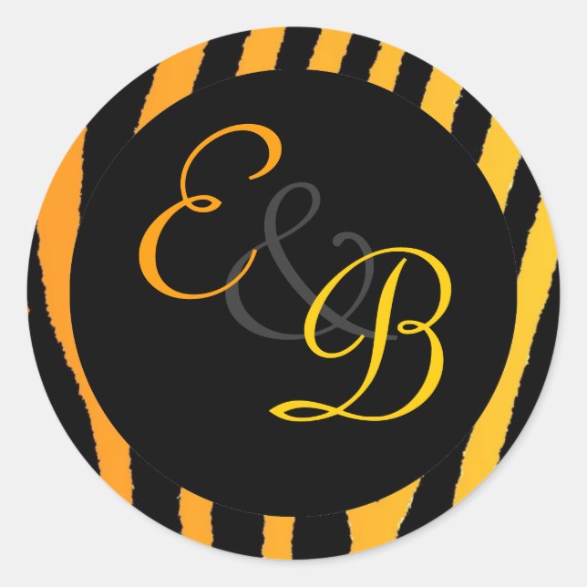 Hellorange gelbe zebrastreifen-Monogramm-Etiketten Runder Aufkleber (Vorderseite)