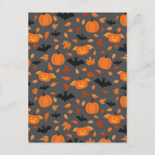 Helloween Kürbis, Fledermaus, Blätter im Herbst. Postkarte
