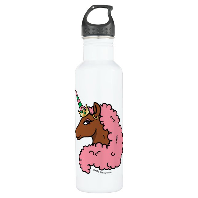 Hellrosa Afro Unicorn Edelstahlflasche (Vorderseite)