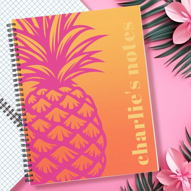 Hellrosa Ananas, orange gelber Farbverlauf Notizbuch (Hot pink pineapple orange yellow gradient retro notebook)