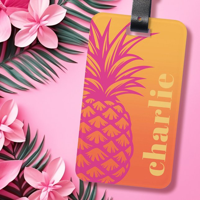 Hellrosa Ananas-Orangengelber Gradientenrücklauf Gepäckanhänger (Hot pink pineapple orange yellow gradient retro luggage tag)