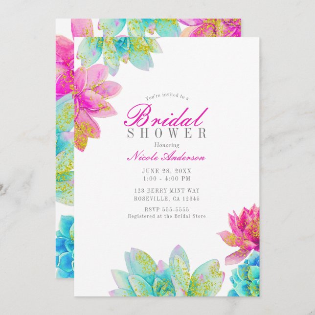 Hellrosa Aquamarin-Gartensukkulturen Brautparty I Einladung (Vorne/Hinten)