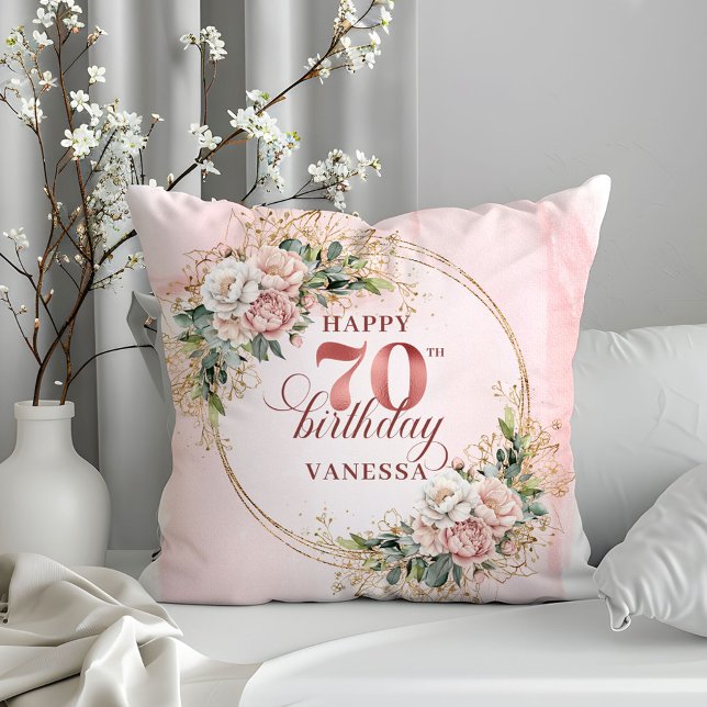 Hellrosa Aquarell-Blumen-Kissen 70. Geburtstag Kissen (Light Pink Watercolor Flowers Pillow 70th Birthday Pillow)
