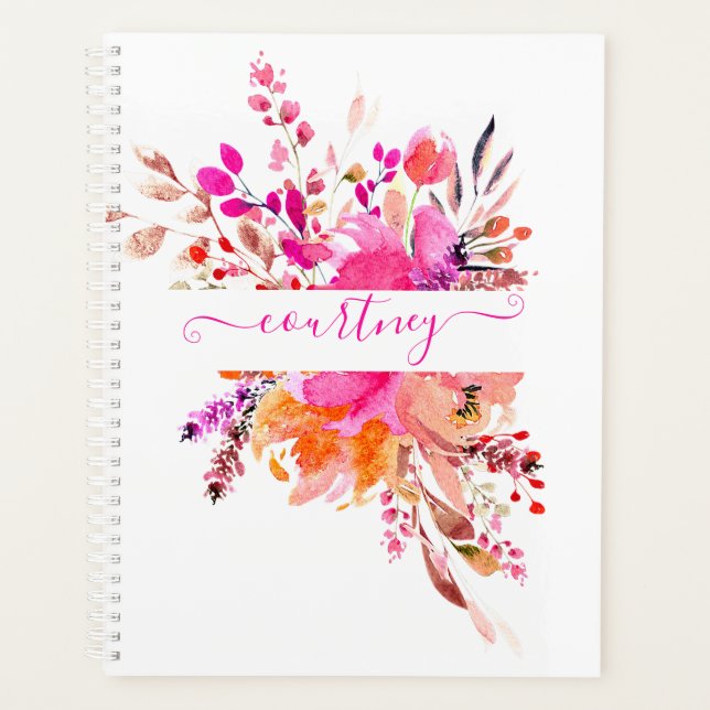 Hellrosa Aquarellblumen personalisiert Planer (Vorderseite)