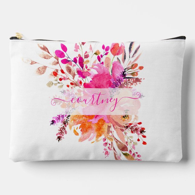 Hellrosa Aquarellblumen personalisiert Zubehörtasche (Vorderseite)