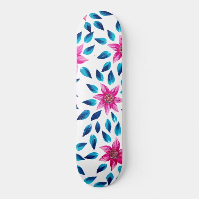 Hellrosa blaue Blumen Blätter Acrylfarbe Skateboard (Vorderseite)
