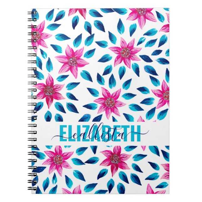 Hellrosa blaue Blüten Blätter Acrylic Monogram Notizblock (Vorderseite)
