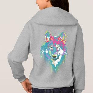 Hellrosa Blaue Neonfarben Spritzer Wolf Hoodie