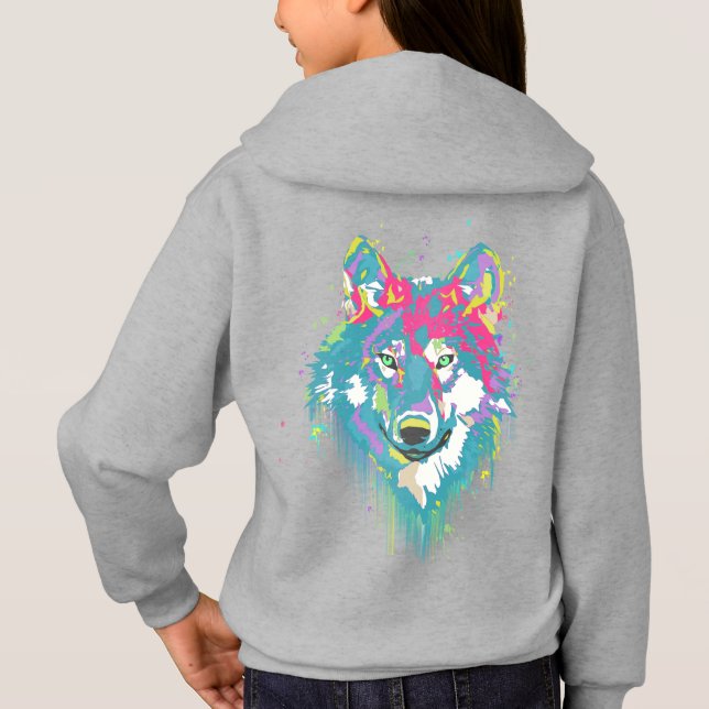 Hellrosa Blaue Neonfarben Spritzer Wolf Hoodie (Rückseite)