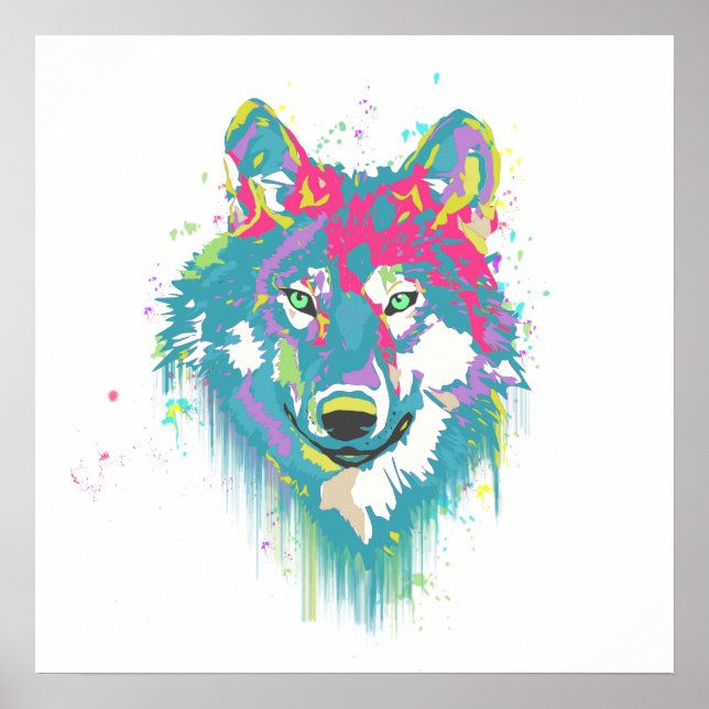 Hellrosa Blaue Neonfarben Spritzer Wolf Poster (Vorne)
