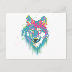 Hellrosa Blaue Neonfarben Spritzer Wolf Postkarte