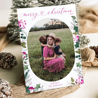 Hellrosa Boho Greenery 1 Foto Weihnachtskarte Feiertagskarte