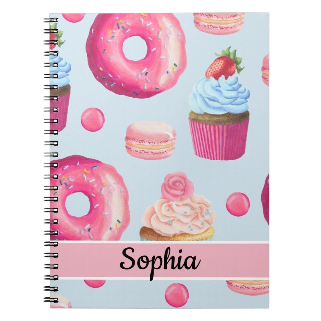 Hellrosa Doughnut und Cupcakes auf Baby Blue Notizblock (Vorderseite)