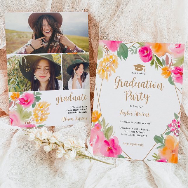 Hellrosa farbiger Abschluss Einladung (Bright pink colorful Floral gold graduation Invitation)