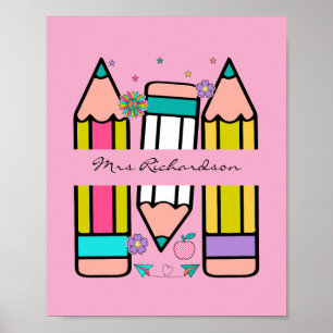 Hellrosa Farbiger Lehrer Cartoon Bleistift Poster