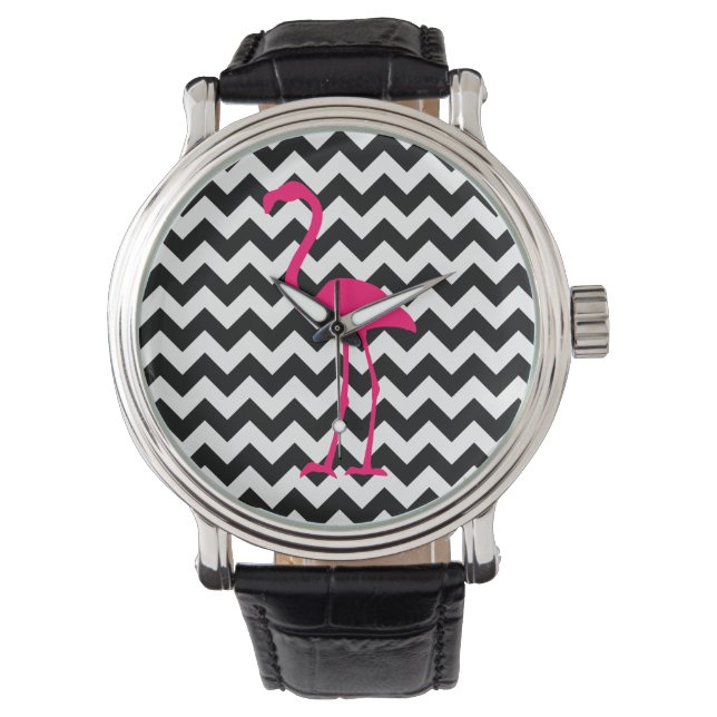 Hellrosa Flamingo Black und White Zigzag Armbanduhr (Vorderseite)