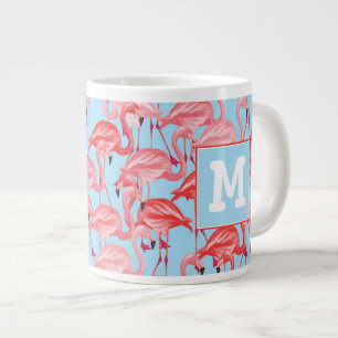 Hellrosa Flamingos auf blau  Erste Schritte Jumbo-Tasse