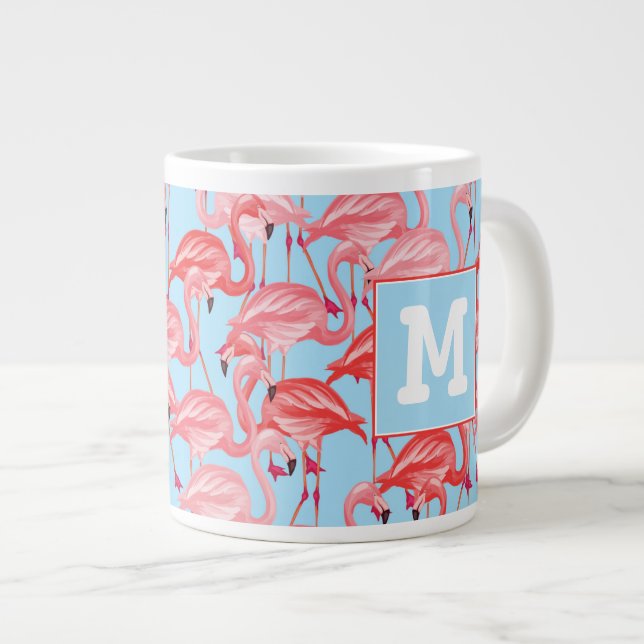 Hellrosa Flamingos auf blau| Erste Schritte Jumbo-Tasse (Vorderseite Rechts)