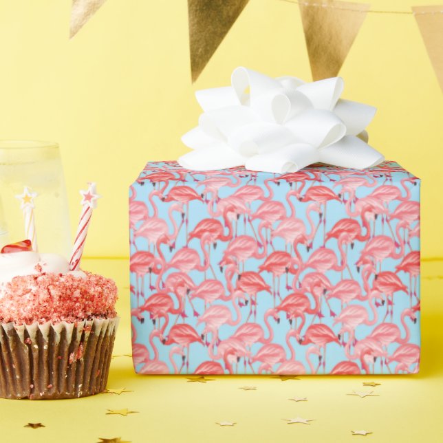Hellrosa Flamingos auf blau Geschenkpapier (Geburtstagsparty)