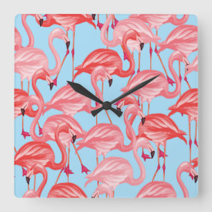 Hellrosa Flamingos auf blau Quadratische Wanduhr