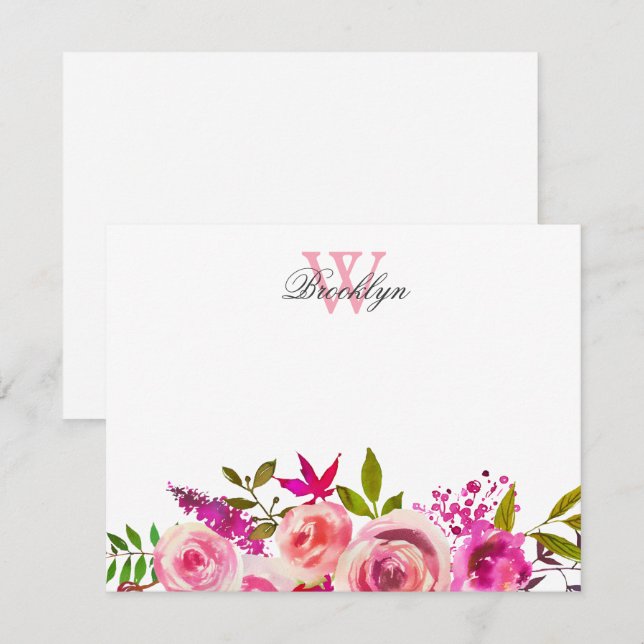 Hellrosa Floral Botanisch Mit Monogramm Dankeskarte (Vorne/Hinten)