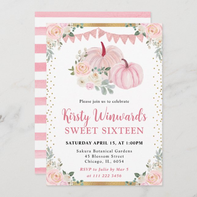 Hellrosa Floral Pumpkin Fall Sweet 16 Einladung (Vorne/Hinten)