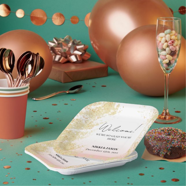 Hellrosa Glitzer Golden Splash Hochzeit Willkommen Pappteller (Multi)