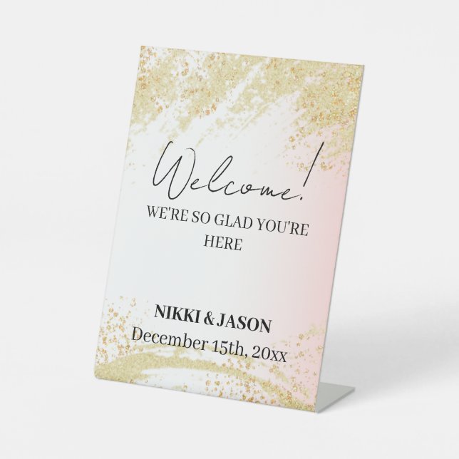 Hellrosa Glitzer Golden Splash Hochzeit Willkommen Sockelschild (Vorderseite)