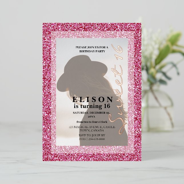Hellrosa Glitzer Modernes Foto für Skripte Sweet 1 Folieneinladung (Stehend vorne)