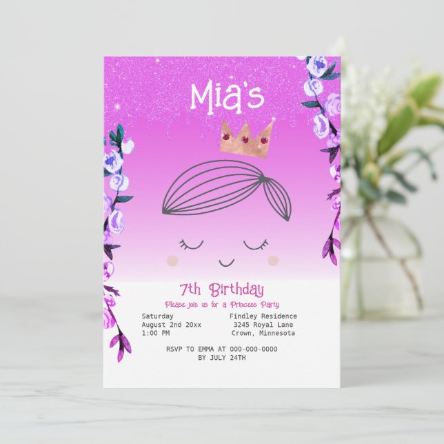 Hellrosa Glitzer Princess Girls Geburtstag Einladung (Stehend Vorderseite)