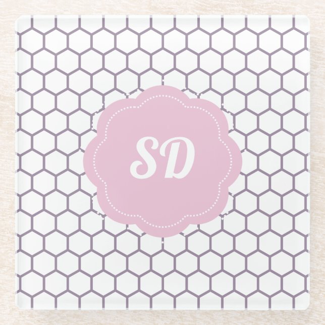 Hellrosa Honeycomb Custom Monogram Glasuntersetzer (Vorderseite)