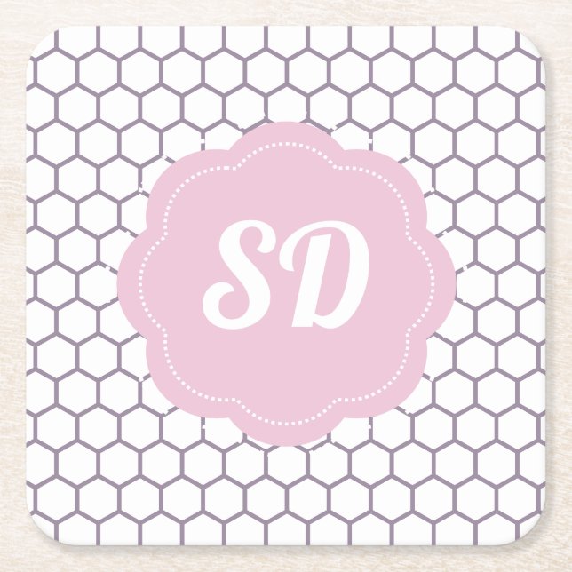 Hellrosa Honeycomb Hexagon Custom Monogram Rechteckiger Pappuntersetzer (Vorderseite)