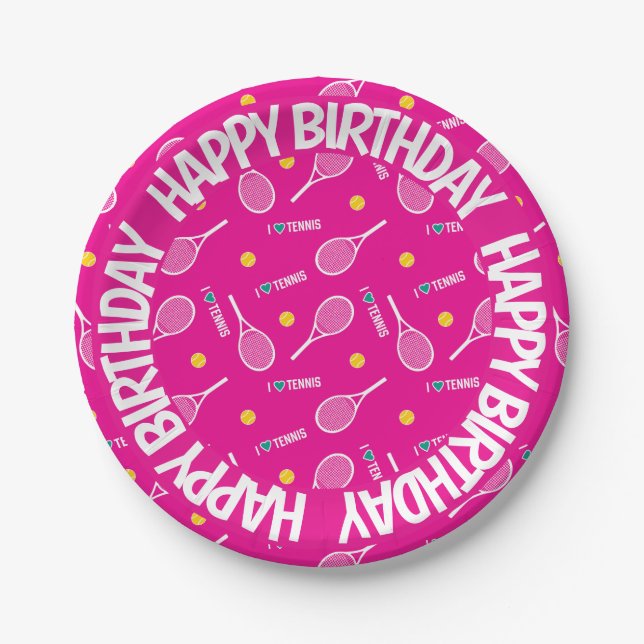 Hellrosa I Liebe Tennis, Happy Birthday Pappteller (Vorderseite)