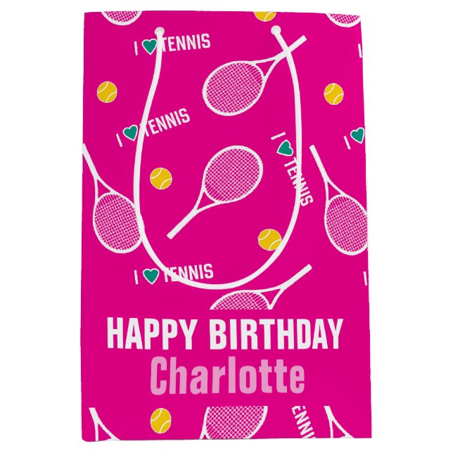 Hellrosa-I-Liebe-Tennismuster Mittlere Geschenktüte (Vorderseite)