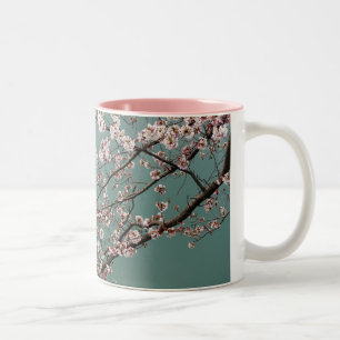 Hellrosa Kirschblüten auf turquois Hintergrund Zweifarbige Tasse
