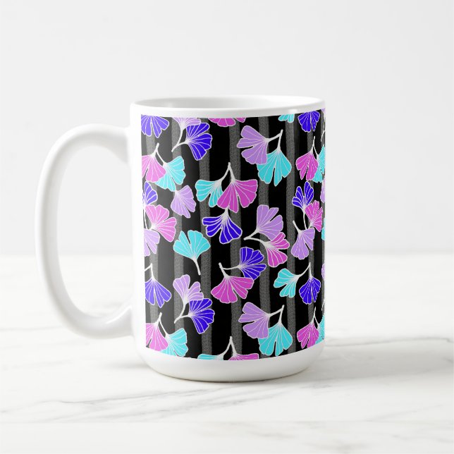 Hellrosa Lila Aqua Ginkgos auf dem Schwarzen Strei Kaffeetasse (Links)