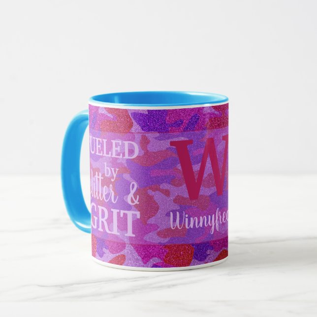 Hellrosa + Lila-Tarnmuster-Glitter-Camo-Name Tasse (Vorderseite Links)