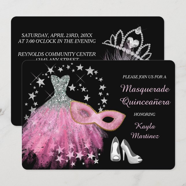 Hellrosa Masquerade Quinceanera Einladung (Vorne/Hinten)